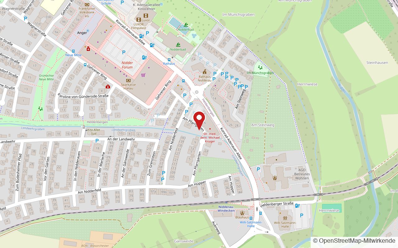 Kartenausschnitt: Zahnarztpraxis Dr. Krüger & Kollegen, Am Pfarrgarten 6, 61130 Nidderau